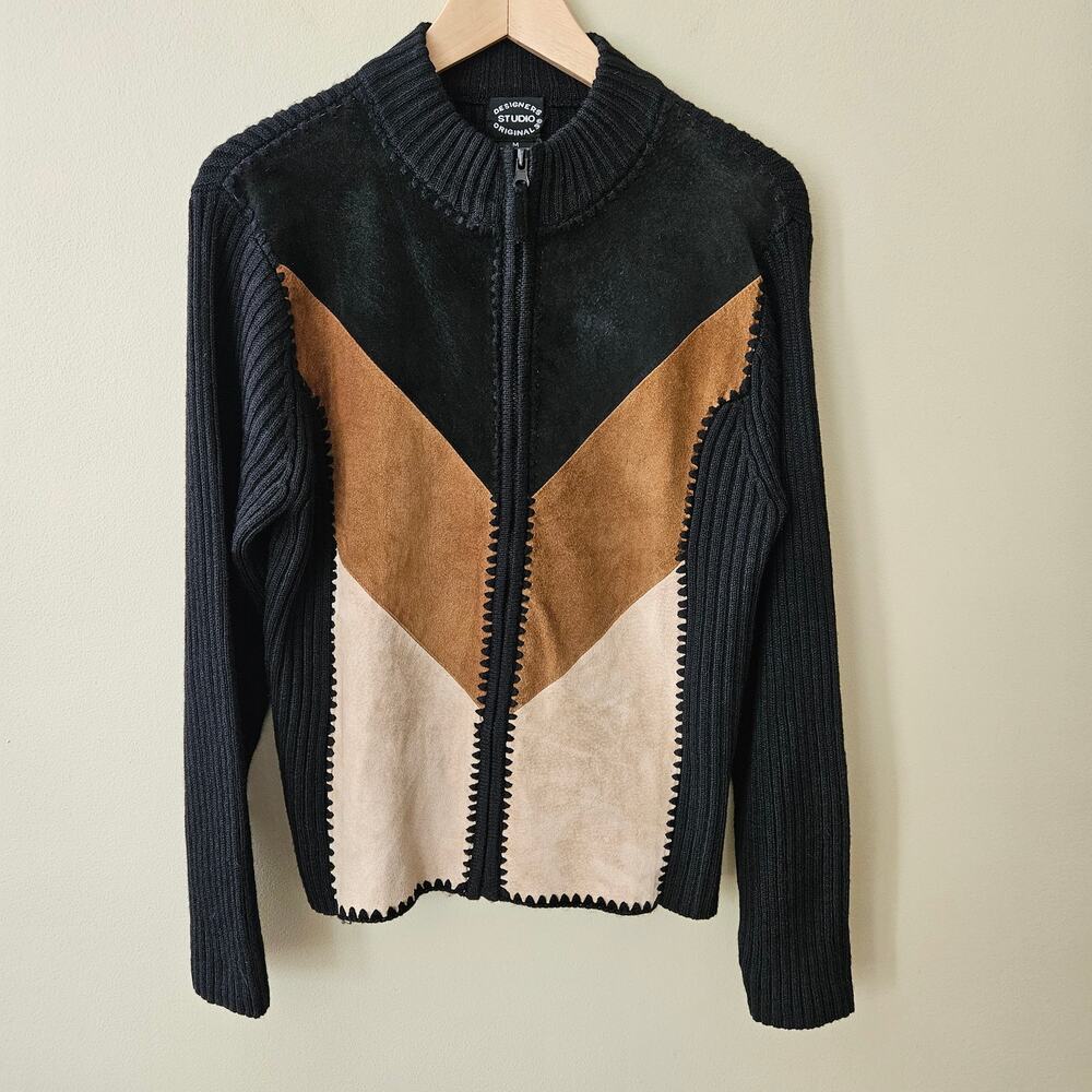 VTG Women's Suede Front Cardigan Sweater Medium Western Leather Colorblock